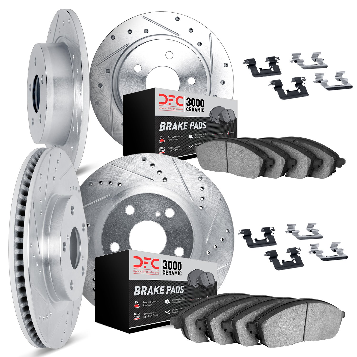 7314-03008 Drilled/Slotted Brake Rotor with 3000-Series Ceramic Brake Pads Kit & Hardware [Silver], 2001-2006 Kia/Hyundai/Genesi