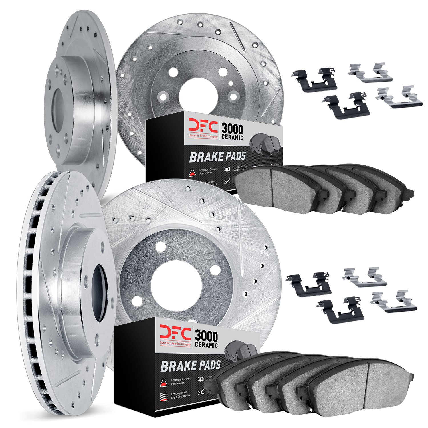 7314-03059 Drilled/Slotted Brake Rotor with 3000-Series Ceramic Brake Pads Kit & Hardware [Silver], 2013-2015 Mopar, Position: F