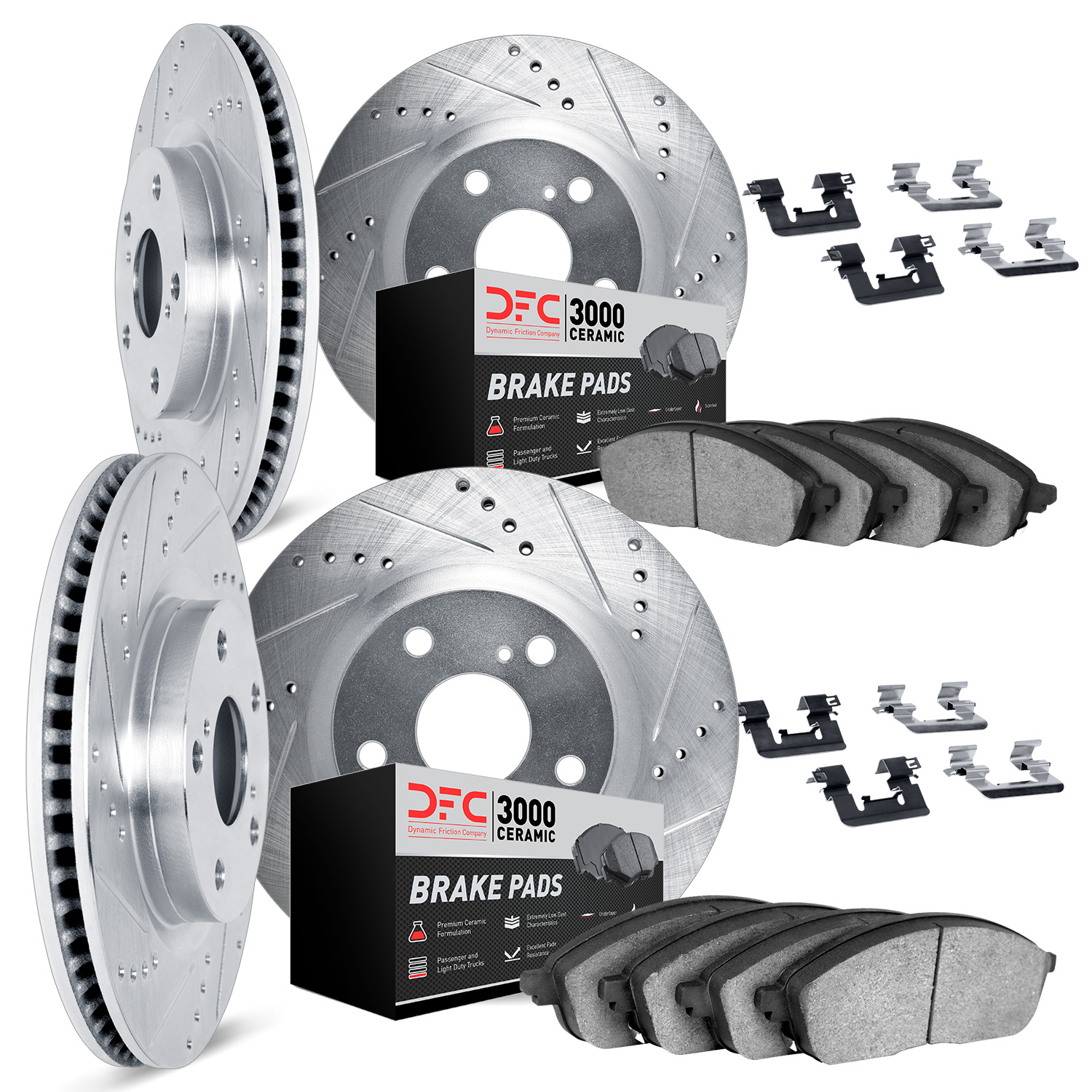 7314-13031 Drilled/Slotted Brake Rotor with 3000-Series Ceramic Brake Pads Kit & Hardware [Silver], 2005-2007 Subaru, Position: