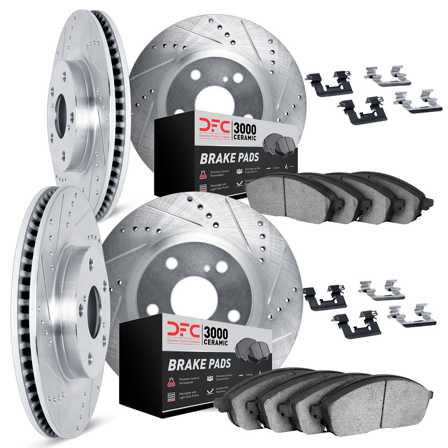 7314-31033 Drilled/Slotted Brake Rotor with 3000-Series Ceramic Brake Pads Kit & Hardware [Silver], 1999-2006 BMW, Position: Fro