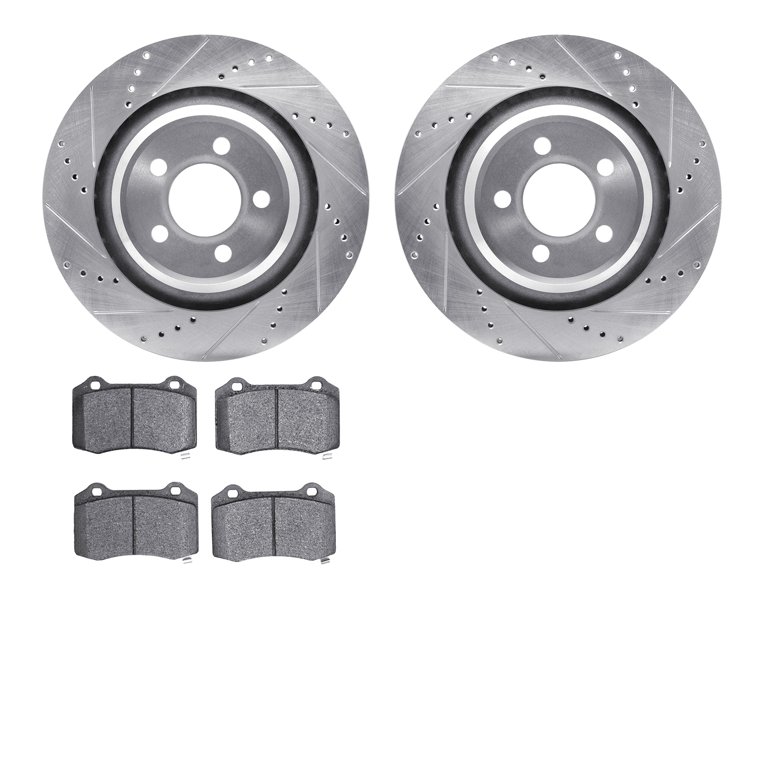 7402-39002 Drilled/Slotted Brake Rotors with Ultimate-Duty Brake Pads Kit [Silver], Fits Select Mopar, Position: Rear
