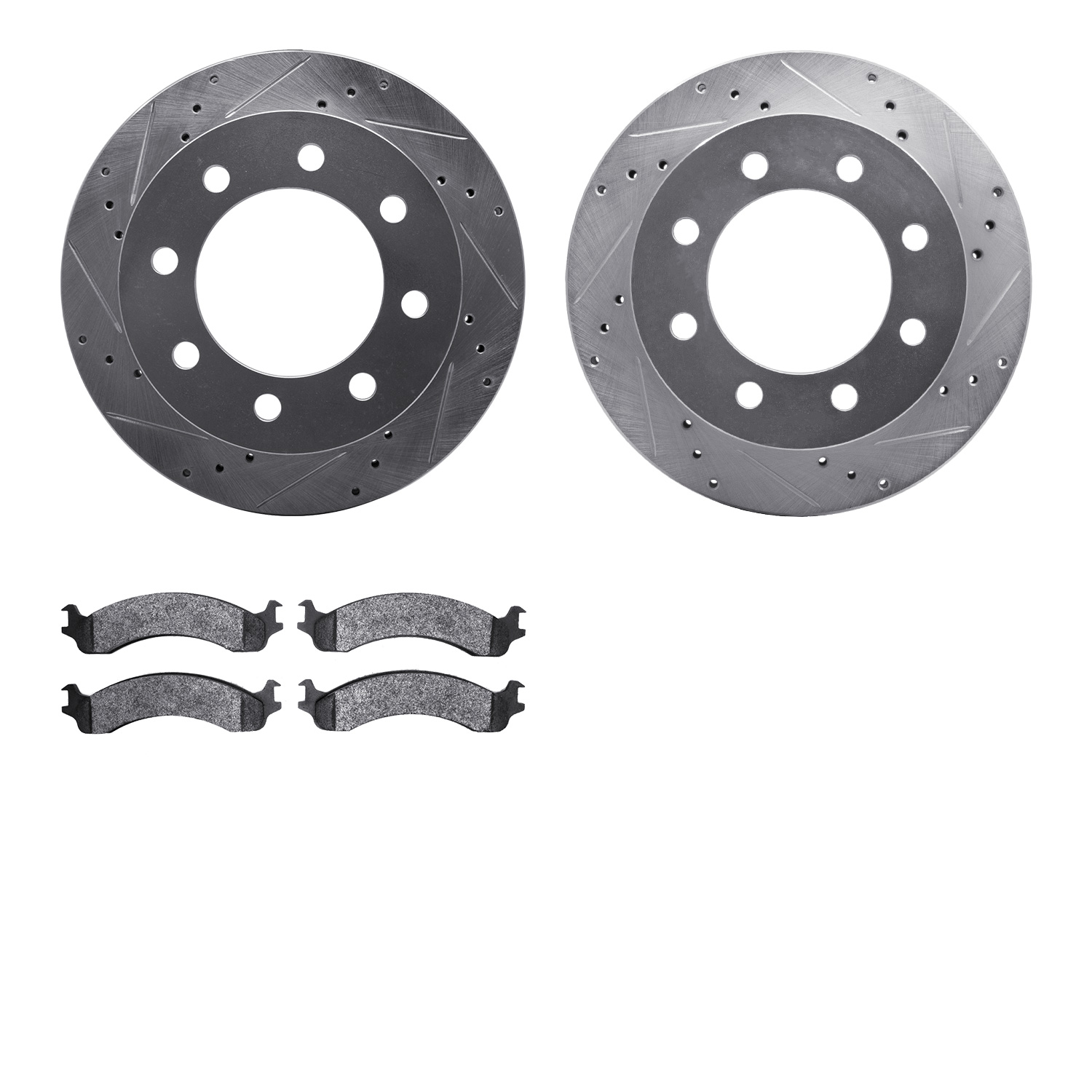 7402-40006 Drilled/Slotted Brake Rotors with Ultimate-Duty Brake Pads Kit [Silver], 2000-2002 Mopar, Position: Front