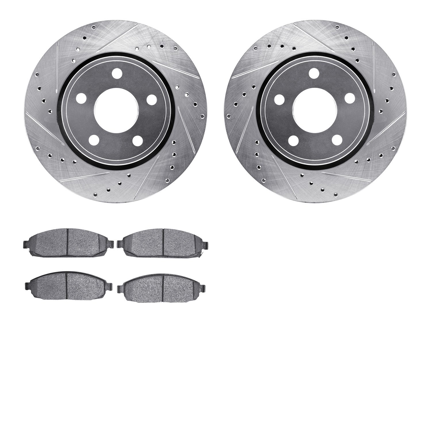 7402-42001 Drilled/Slotted Brake Rotors with Ultimate-Duty Brake Pads Kit [Silver], 2005-2010 Mopar, Position: Front