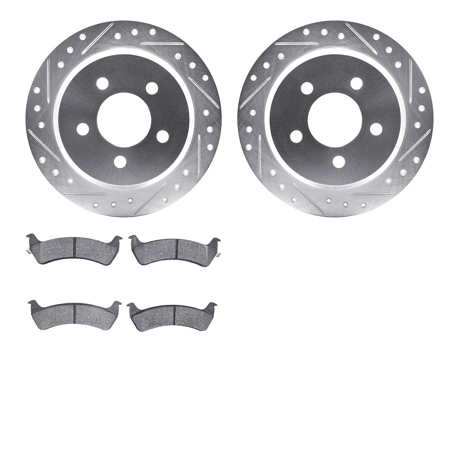 7402-42028 Drilled/Slotted Brake Rotors with Ultimate-Duty Brake Pads Kit [Silver], 1993-1994 Mopar, Position: Rear