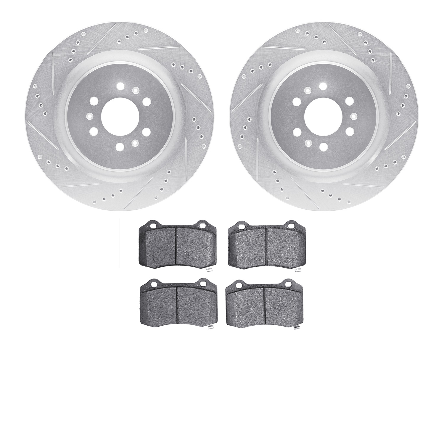 7402-46006 Drilled/Slotted Brake Rotors with Ultimate-Duty Brake Pads Kit [Silver], 2004-2011 GM, Position: Rear
