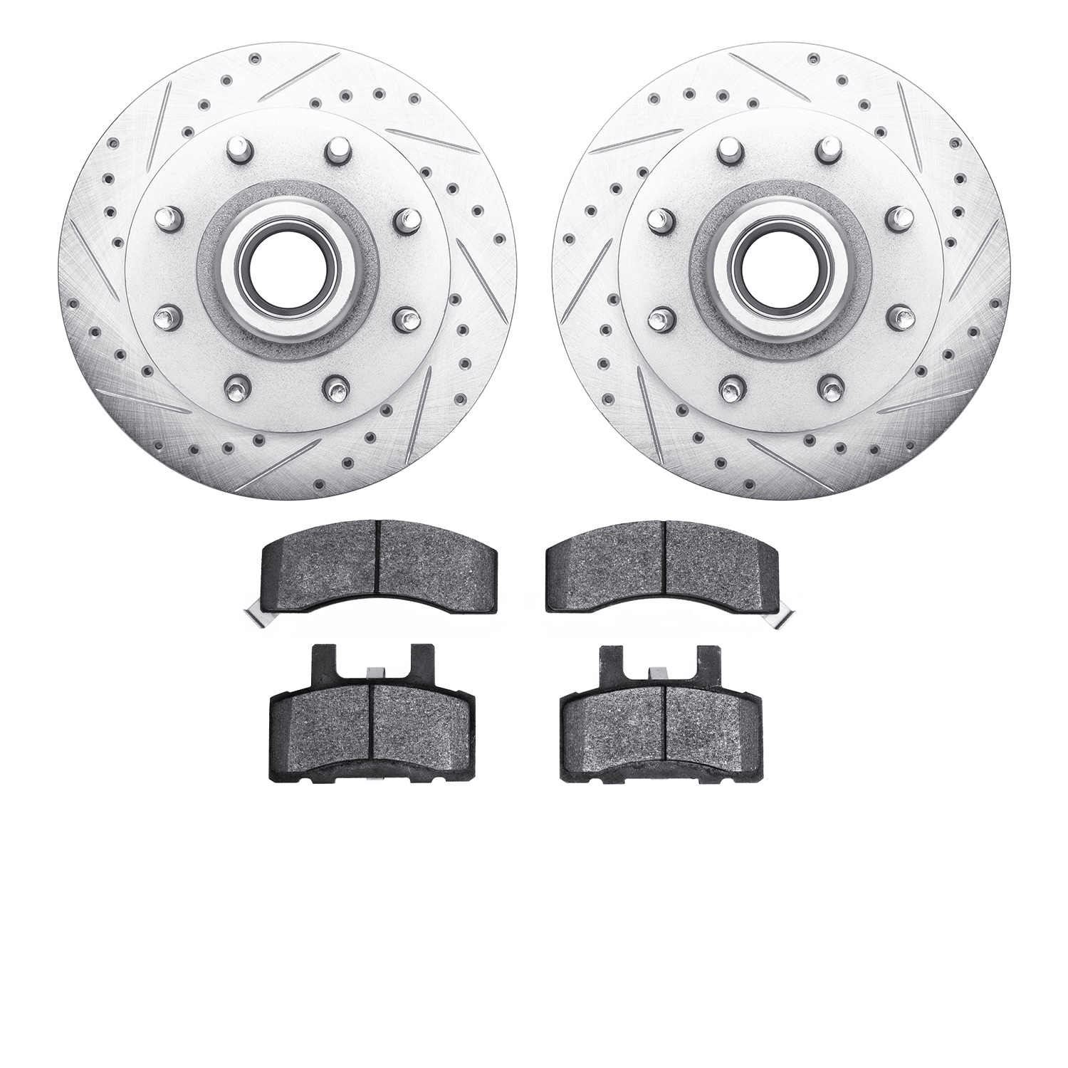 7402-48008 Drilled/Slotted Brake Rotors with Ultimate-Duty Brake Pads Kit [Silver], 1988-1996 GM, Position: Front