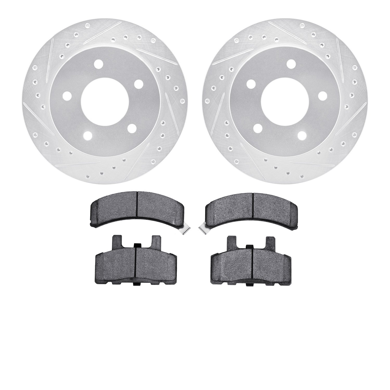 7402-48011 Drilled/Slotted Brake Rotors with Ultimate-Duty Brake Pads Kit [Silver], 1990-2002 GM, Position: Front