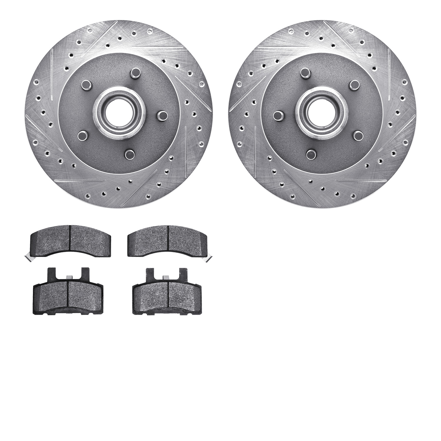 7402-48013 Drilled/Slotted Brake Rotors with Ultimate-Duty Brake Pads Kit [Silver], 1998-2000 GM, Position: Front