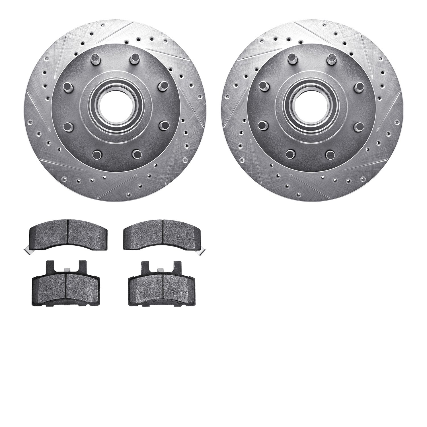 7402-48014 Drilled/Slotted Brake Rotors with Ultimate-Duty Brake Pads Kit [Silver], 1992-2002 GM, Position: Front