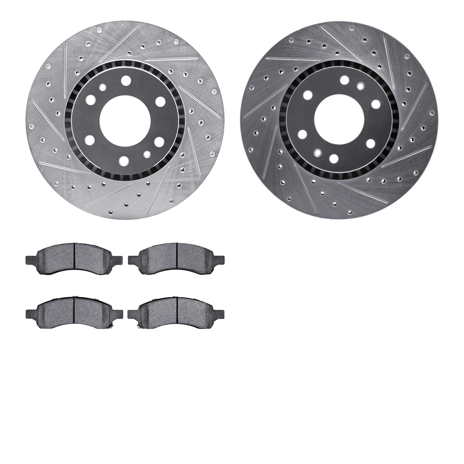 7402-48030 Drilled/Slotted Brake Rotors with Ultimate-Duty Brake Pads Kit [Silver], 2006-2009 GM, Position: Front