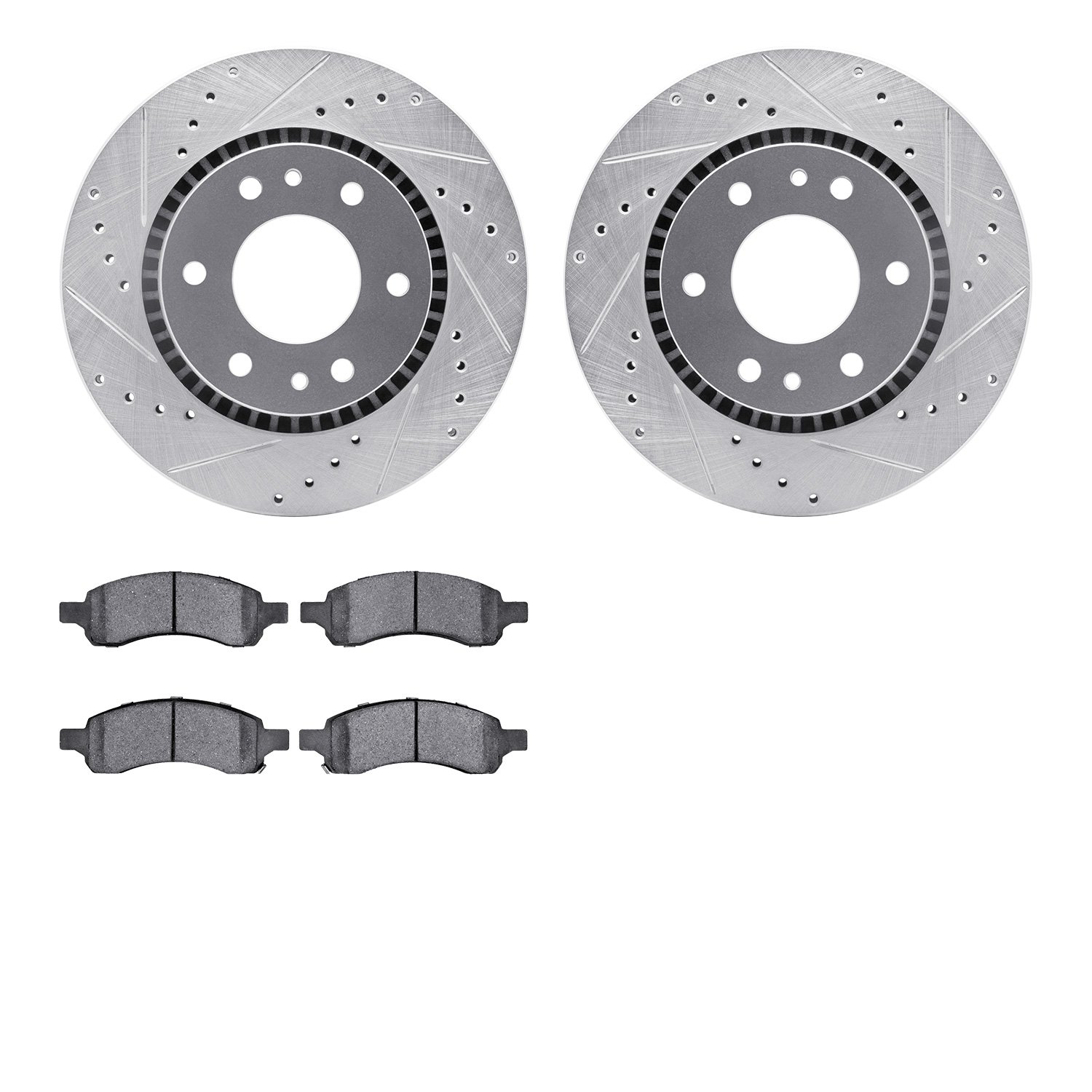 7402-48037 Drilled/Slotted Brake Rotors with Ultimate-Duty Brake Pads Kit [Silver], 2006-2009 GM, Position: Front