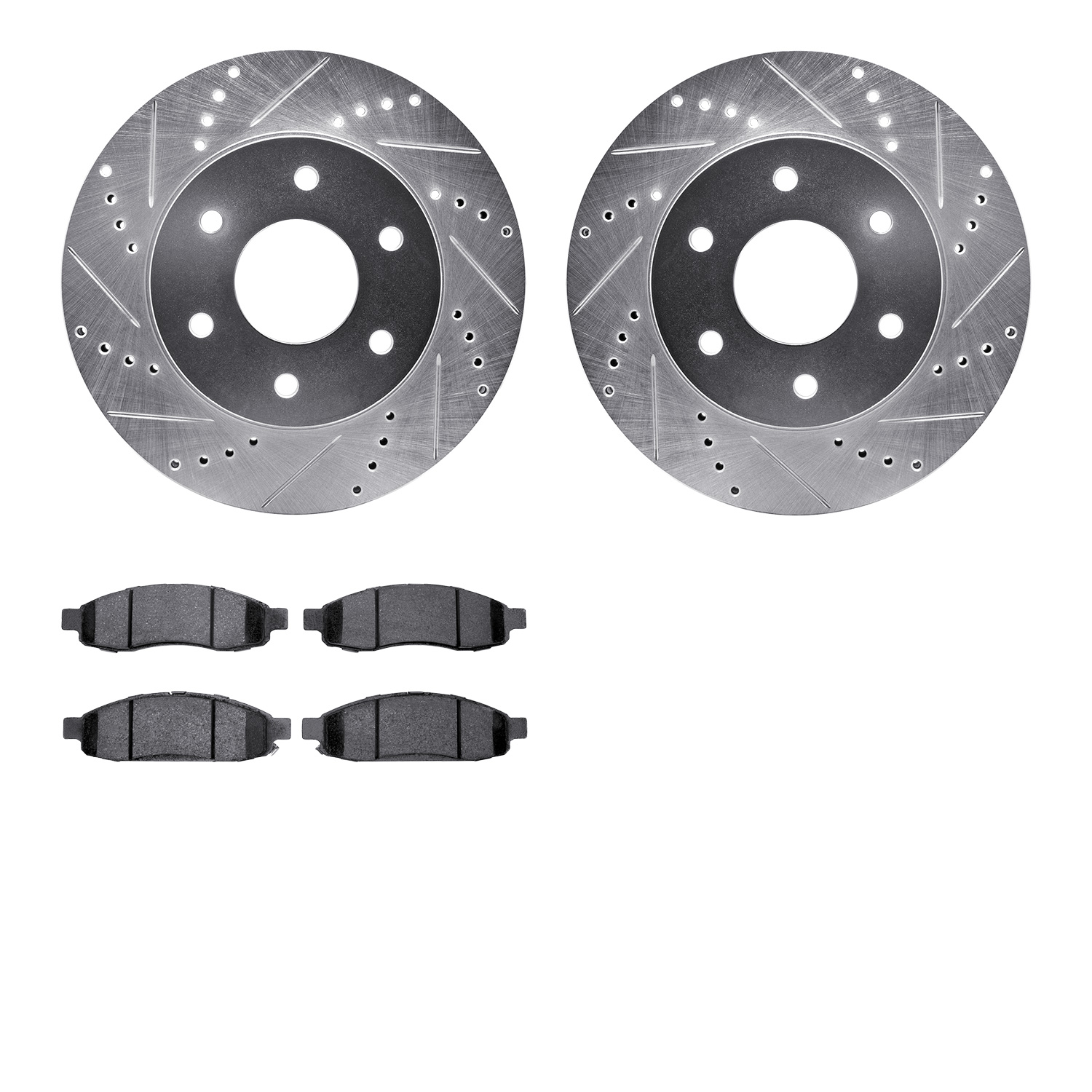 7402-67002 Drilled/Slotted Brake Rotors with Ultimate-Duty Brake Pads Kit [Silver], 2004-2005 Infiniti/Nissan, Position: Front