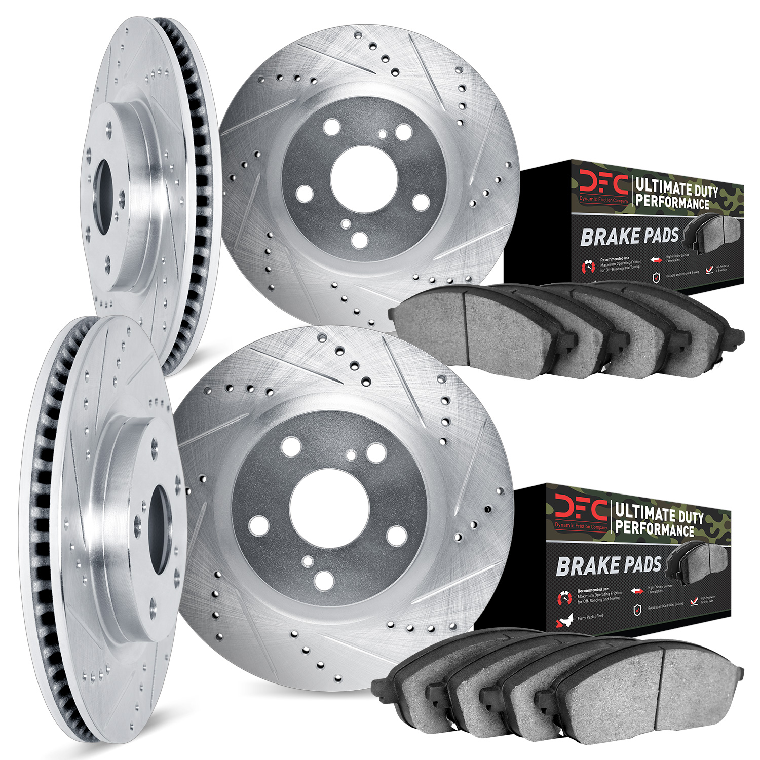7404-26001 Drilled/Slotted Brake Rotors with Ultimate-Duty Brake Pads Kit [Silver], 2012-2013 Tesla, Position: Front and Rear
