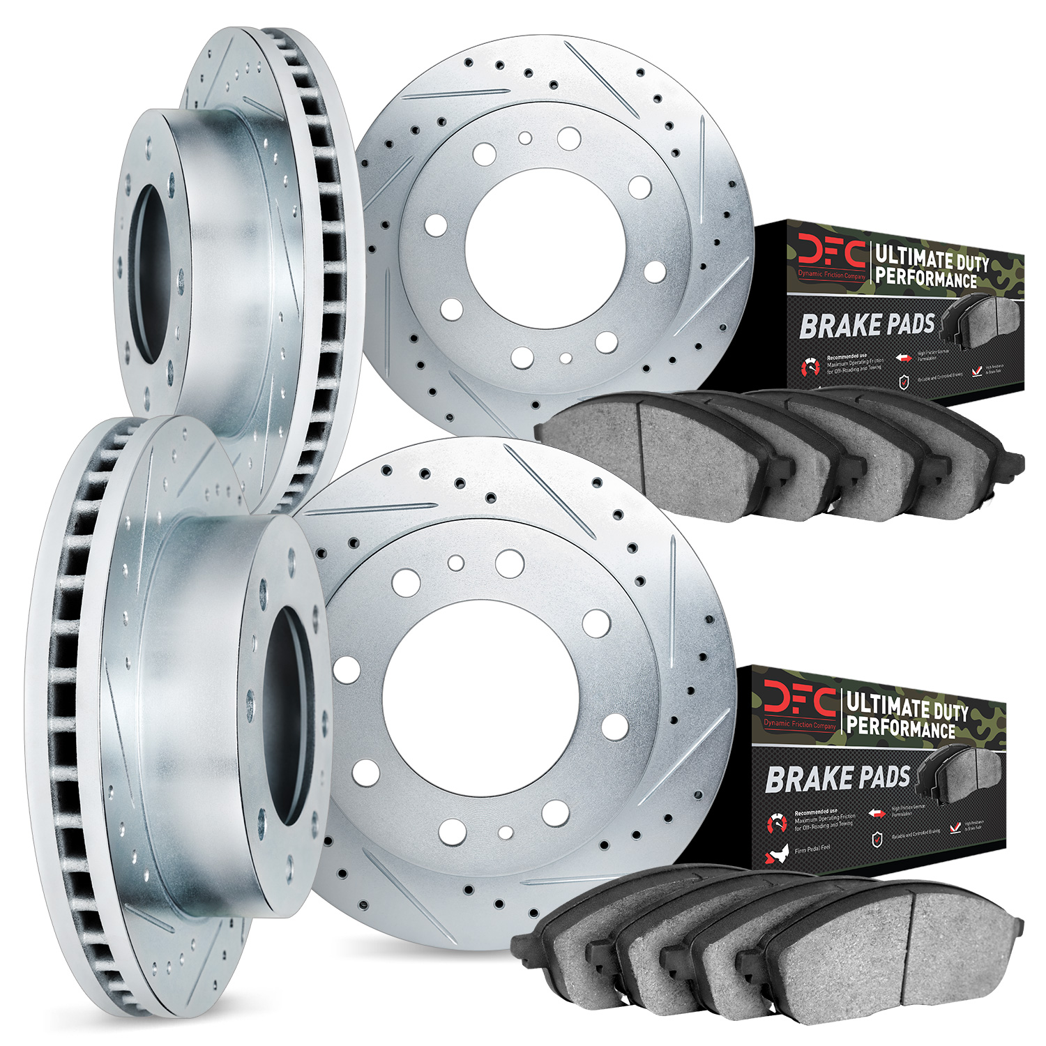 7404-40007 Drilled/Slotted Brake Rotors with Ultimate-Duty Brake Pads Kit [Silver], 2009-2018 Mopar, Position: Front and Rear