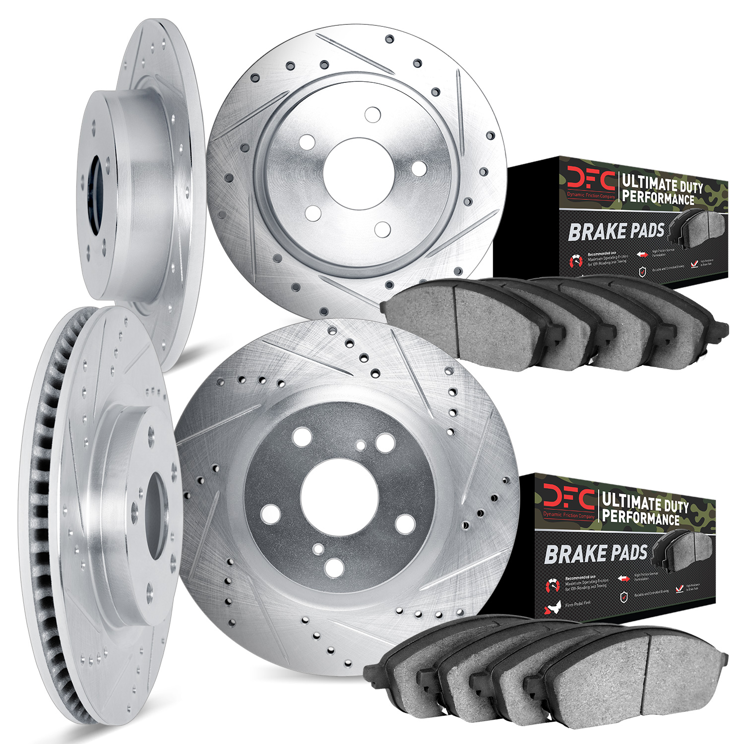 7404-42001 Drilled/Slotted Brake Rotors with Ultimate-Duty Brake Pads Kit [Silver], 2005-2010 Mopar, Position: Front and Rear