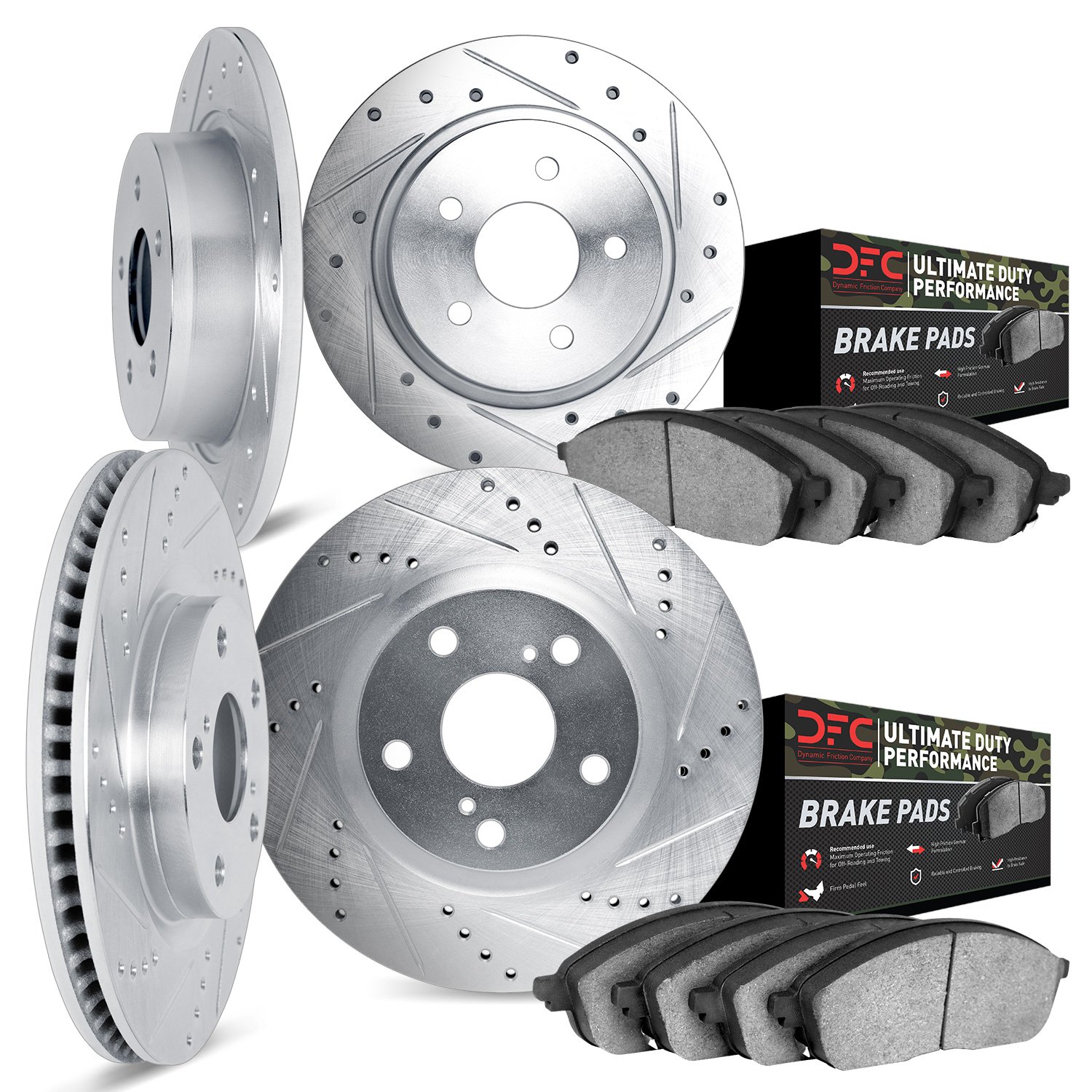 7404-42008 Drilled/Slotted Brake Rotors with Ultimate-Duty Brake Pads Kit [Silver], Fits Select Mopar, Position: Front and Rear
