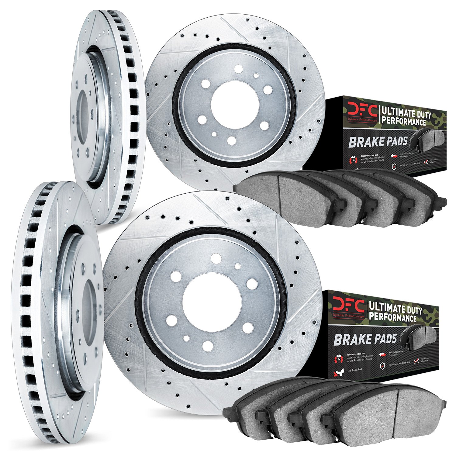 7404-48004 Drilled/Slotted Brake Rotors with Ultimate-Duty Brake Pads Kit [Silver], 2000-2006 GM, Position: Front and Rear