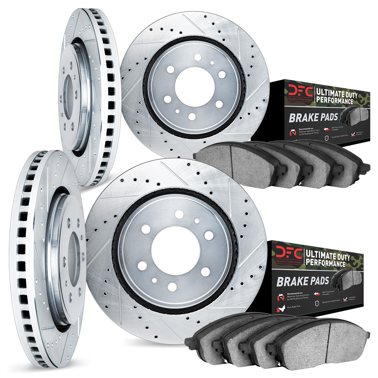 7404-48012 Drilled/Slotted Brake Rotors with Ultimate-Duty Brake Pads Kit [Silver], 2009-2014 GM, Position: Front and Rear