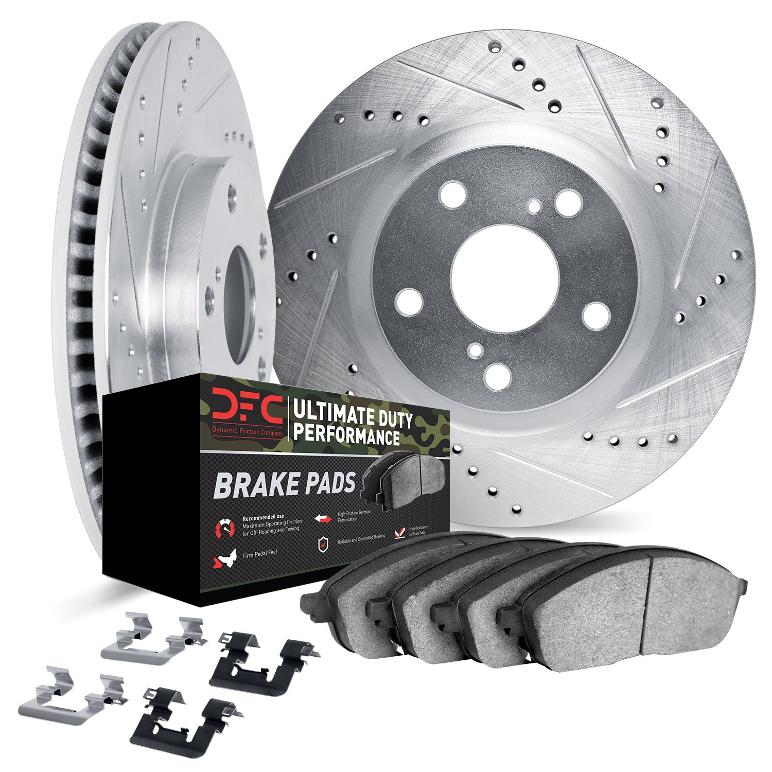7412-40003 Drilled/Slotted Brake Rotors with Ultimate-Duty Brake Pads Kit & Hardware [Silver], 1994-1999 Mopar, Position: Front