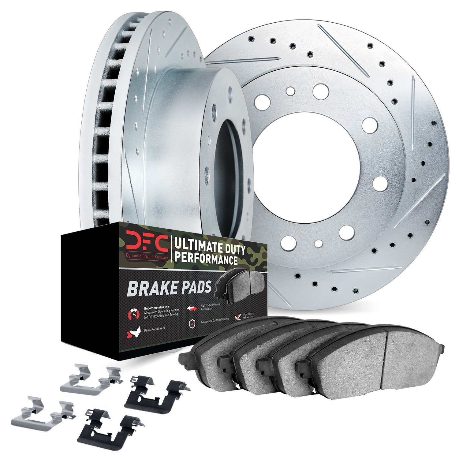 7412-40005 Drilled/Slotted Brake Rotors with Ultimate-Duty Brake Pads Kit & Hardware [Silver], 1994-1999 Mopar, Position: Front