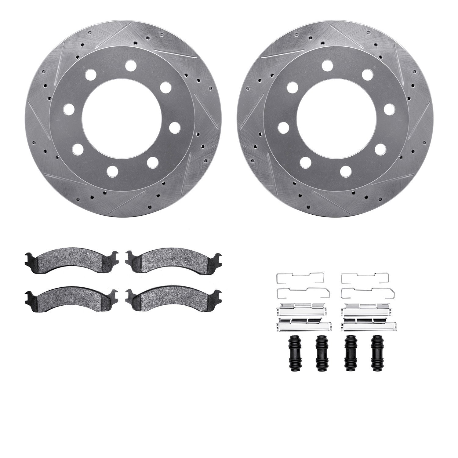 7412-40006 Drilled/Slotted Brake Rotors with Ultimate-Duty Brake Pads Kit & Hardware [Silver], 2000-2002 Mopar, Position: Front