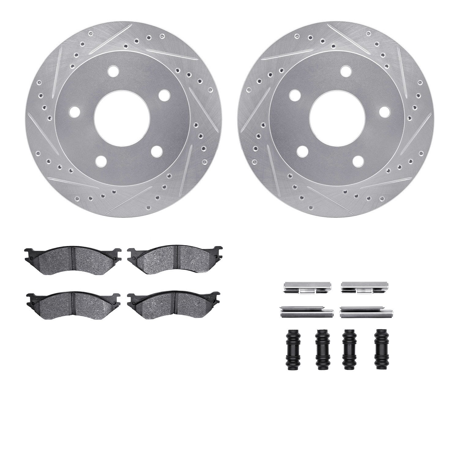7412-40007 Drilled/Slotted Brake Rotors with Ultimate-Duty Brake Pads Kit & Hardware [Silver], 2000-2001 Mopar, Position: Front