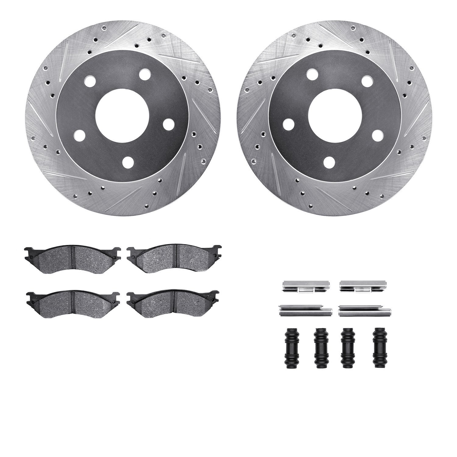 7412-40008 Drilled/Slotted Brake Rotors with Ultimate-Duty Brake Pads Kit & Hardware [Silver], 2000-2001 Mopar, Position: Front