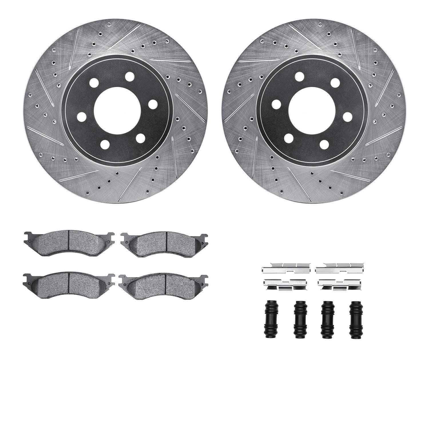 7412-40014 Drilled/Slotted Brake Rotors with Ultimate-Duty Brake Pads Kit & Hardware [Silver], 2003-2003 Mopar, Position: Front