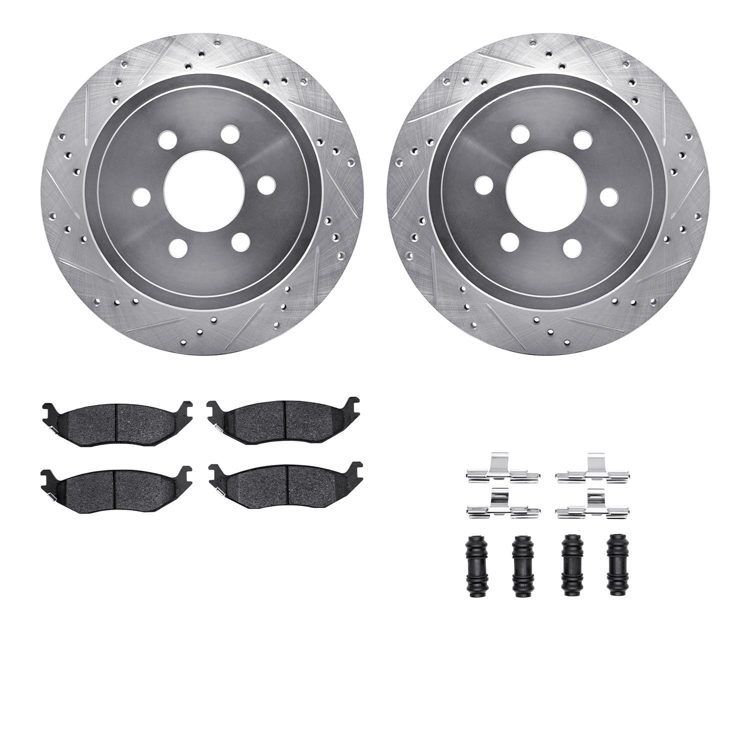 7412-40015 Drilled/Slotted Brake Rotors with Ultimate-Duty Brake Pads Kit & Hardware [Silver], 2003-2003 Mopar, Position: Rear