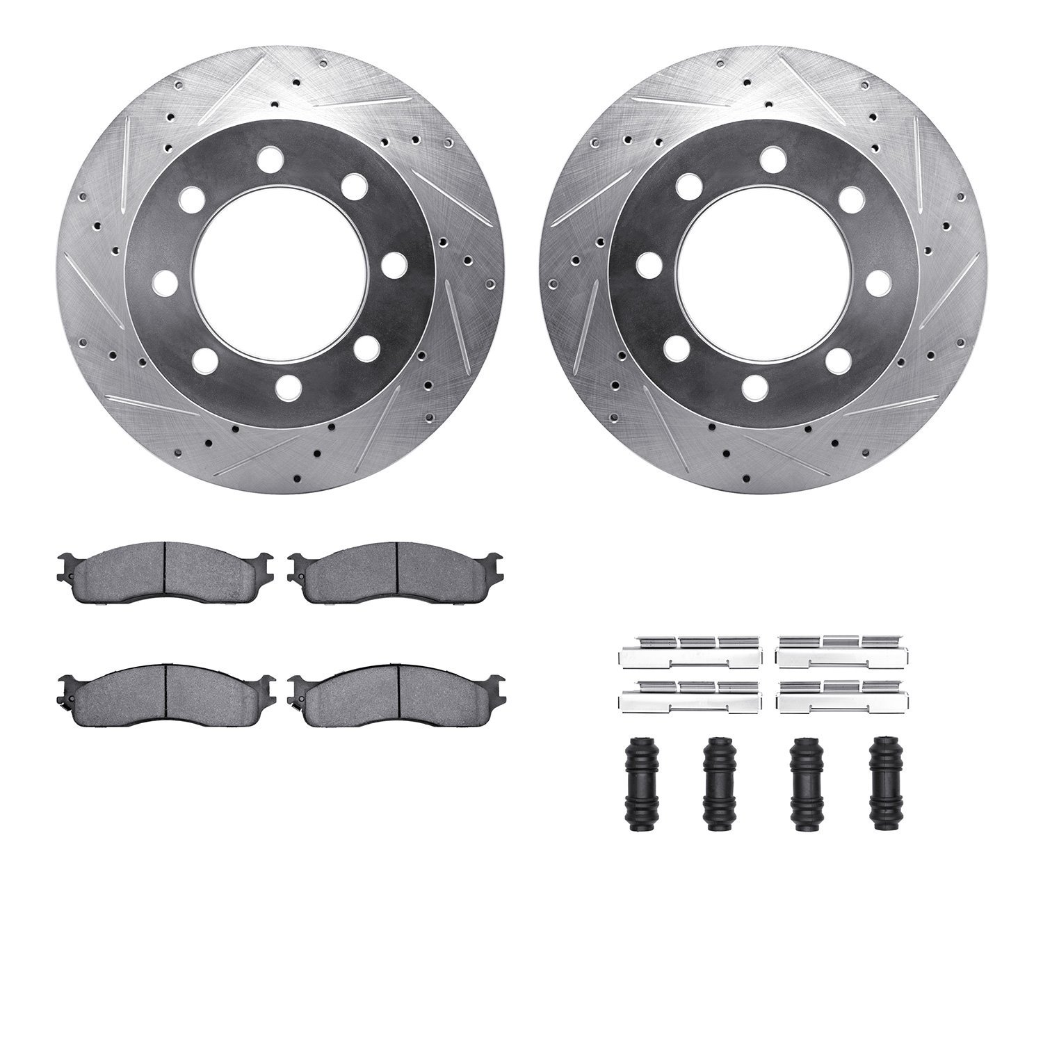7412-40016 Drilled/Slotted Brake Rotors with Ultimate-Duty Brake Pads Kit & Hardware [Silver], 2003-2008 Mopar, Position: Front