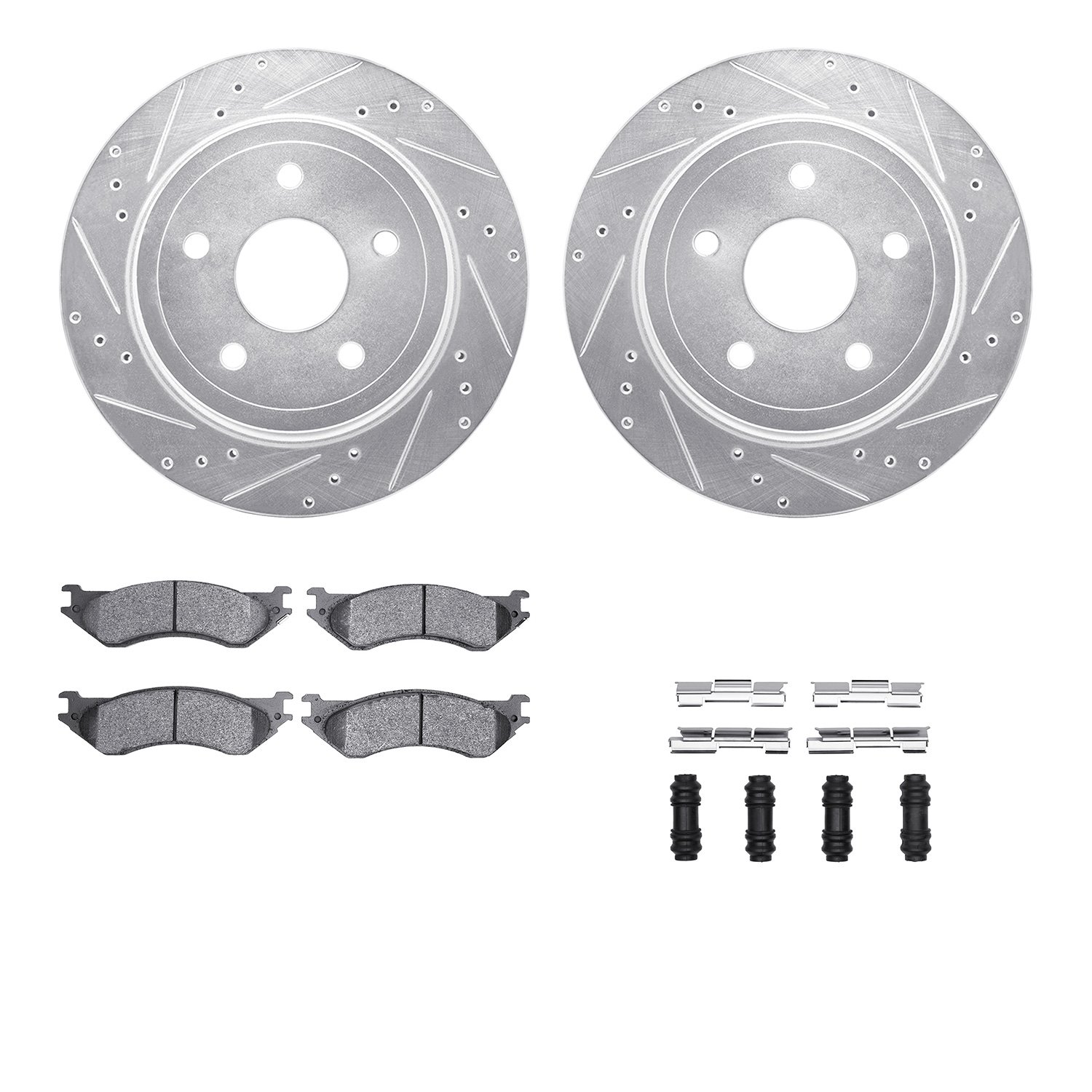 7412-40019 Drilled/Slotted Brake Rotors with Ultimate-Duty Brake Pads Kit & Hardware [Silver], 2004-2006 Mopar, Position: Rear