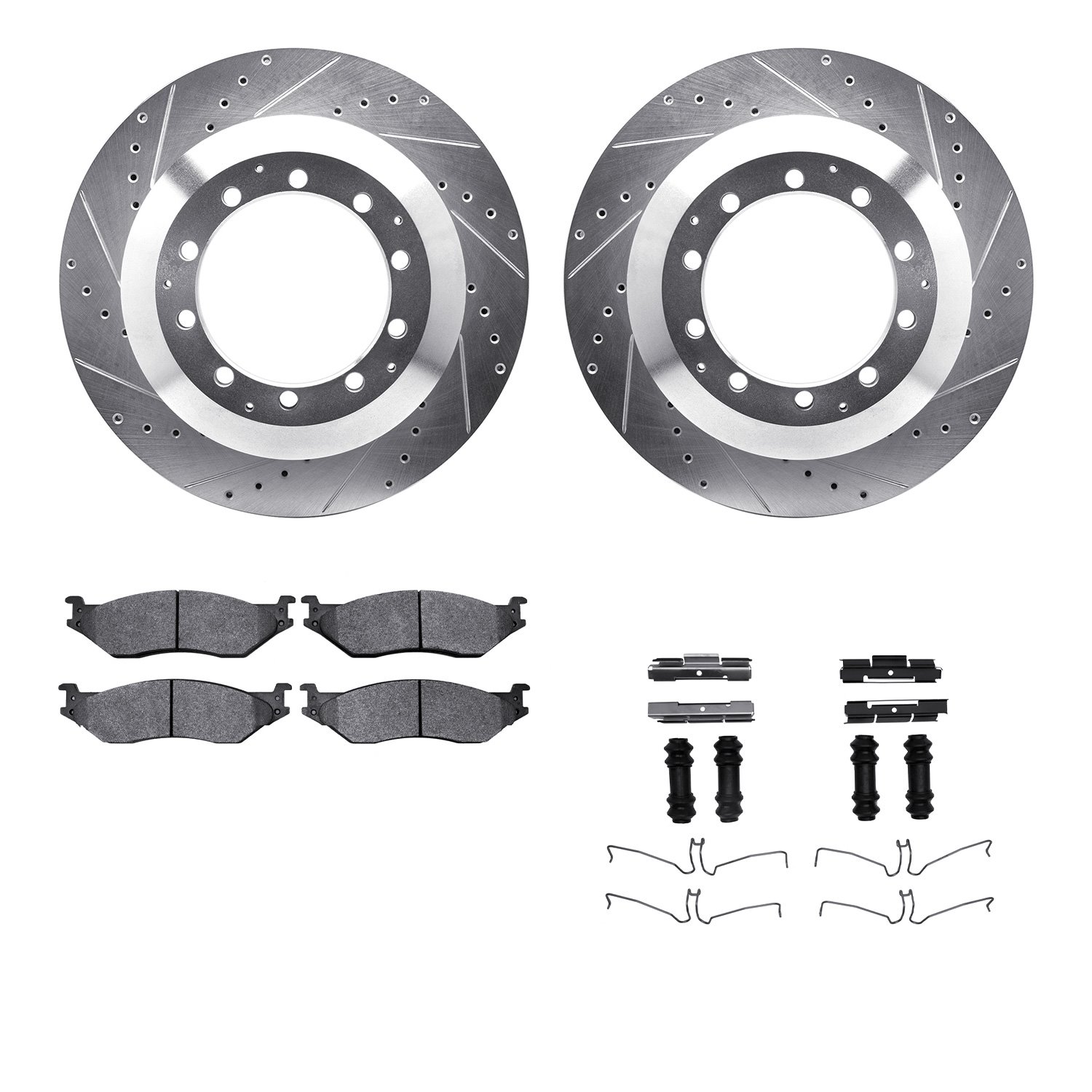 7412-40023 Drilled/Slotted Brake Rotors with Ultimate-Duty Brake Pads Kit & Hardware [Silver], 2005-2017 Multiple Makes/Models,