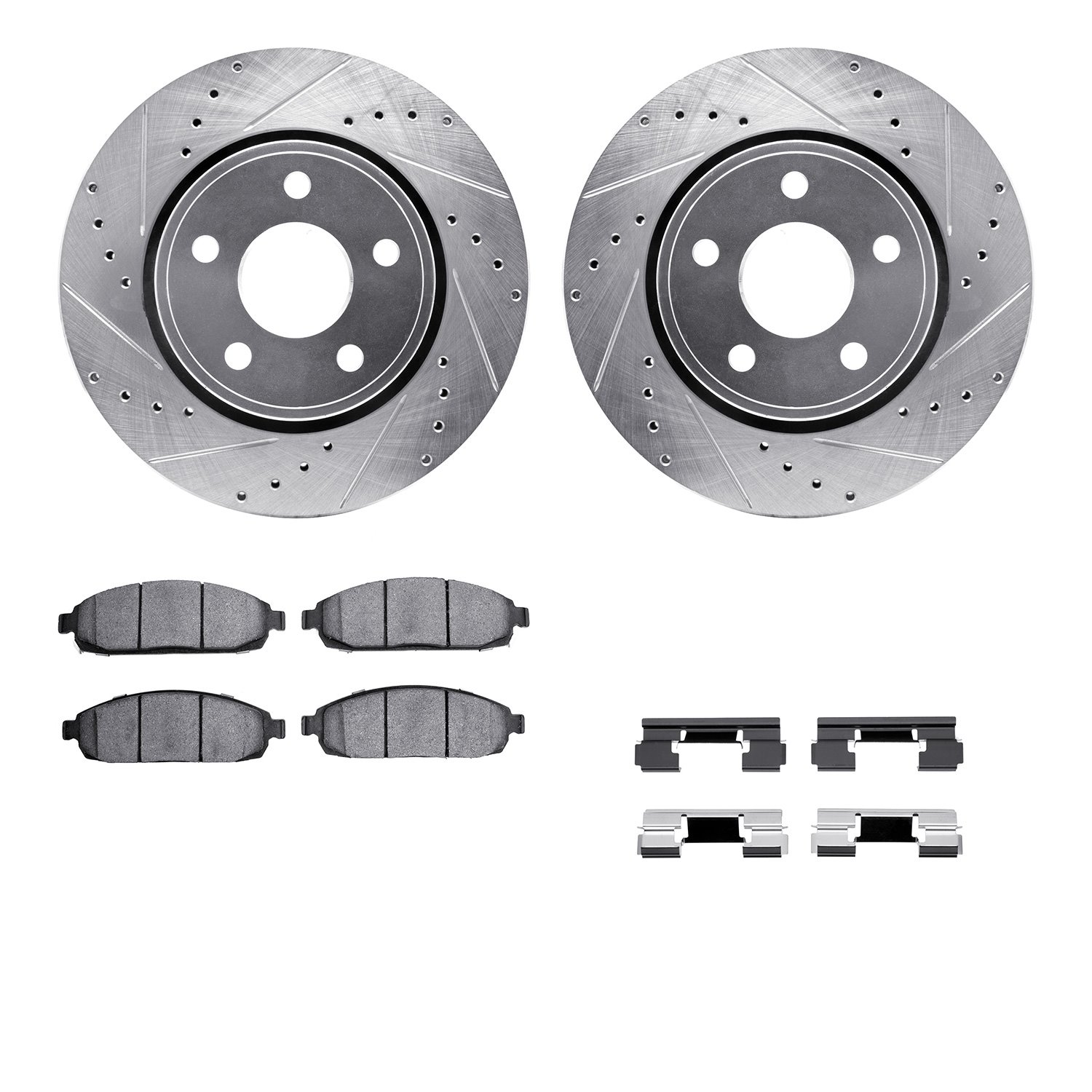 7412-42001 Drilled/Slotted Brake Rotors with Ultimate-Duty Brake Pads Kit & Hardware [Silver], 2005-2010 Mopar, Position: Front