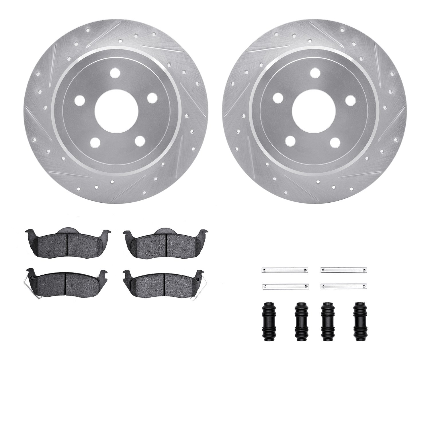 7412-42002 Drilled/Slotted Brake Rotors with Ultimate-Duty Brake Pads Kit & Hardware [Silver], 2005-2010 Mopar, Position: Rear