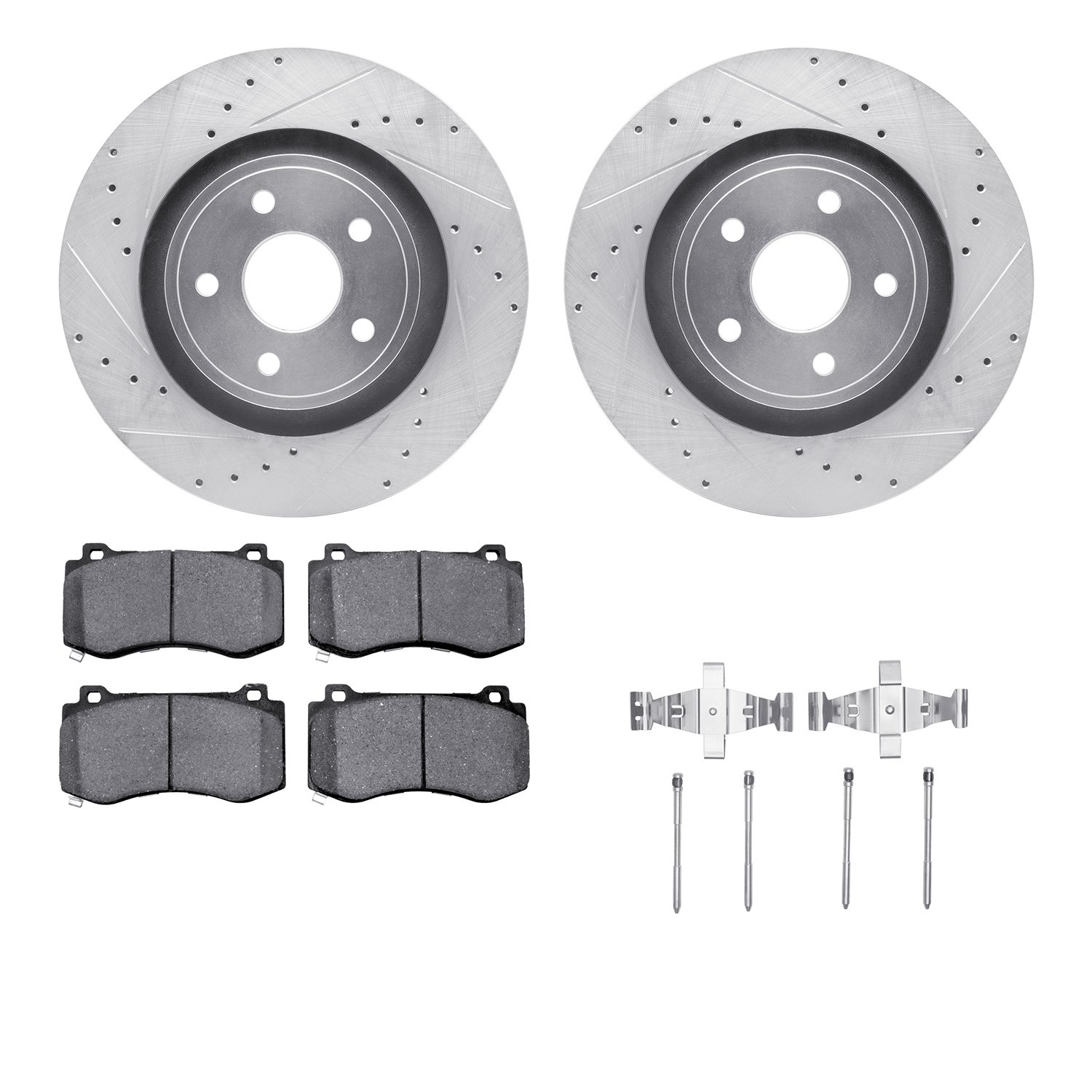 7412-42003 Drilled/Slotted Brake Rotors with Ultimate-Duty Brake Pads Kit & Hardware [Silver], 2006-2010 Mopar, Position: Front