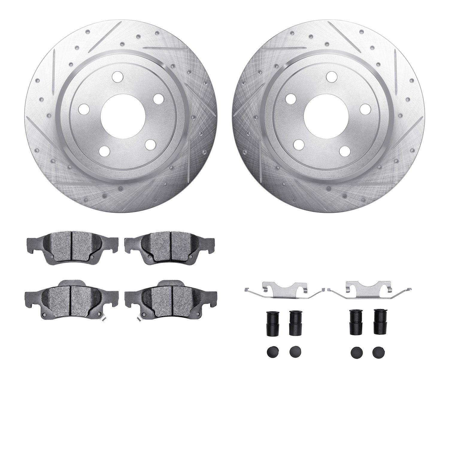 7412-42005 Drilled/Slotted Brake Rotors with Ultimate-Duty Brake Pads Kit & Hardware [Silver], Fits Select Mopar, Position: Rear