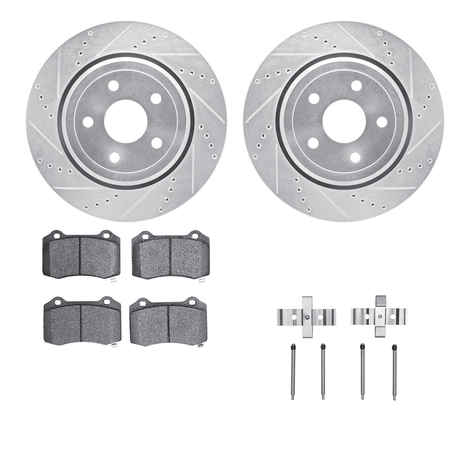 7412-42010 Drilled/Slotted Brake Rotors with Ultimate-Duty Brake Pads Kit & Hardware [Silver], Fits Select Mopar, Position: Rear