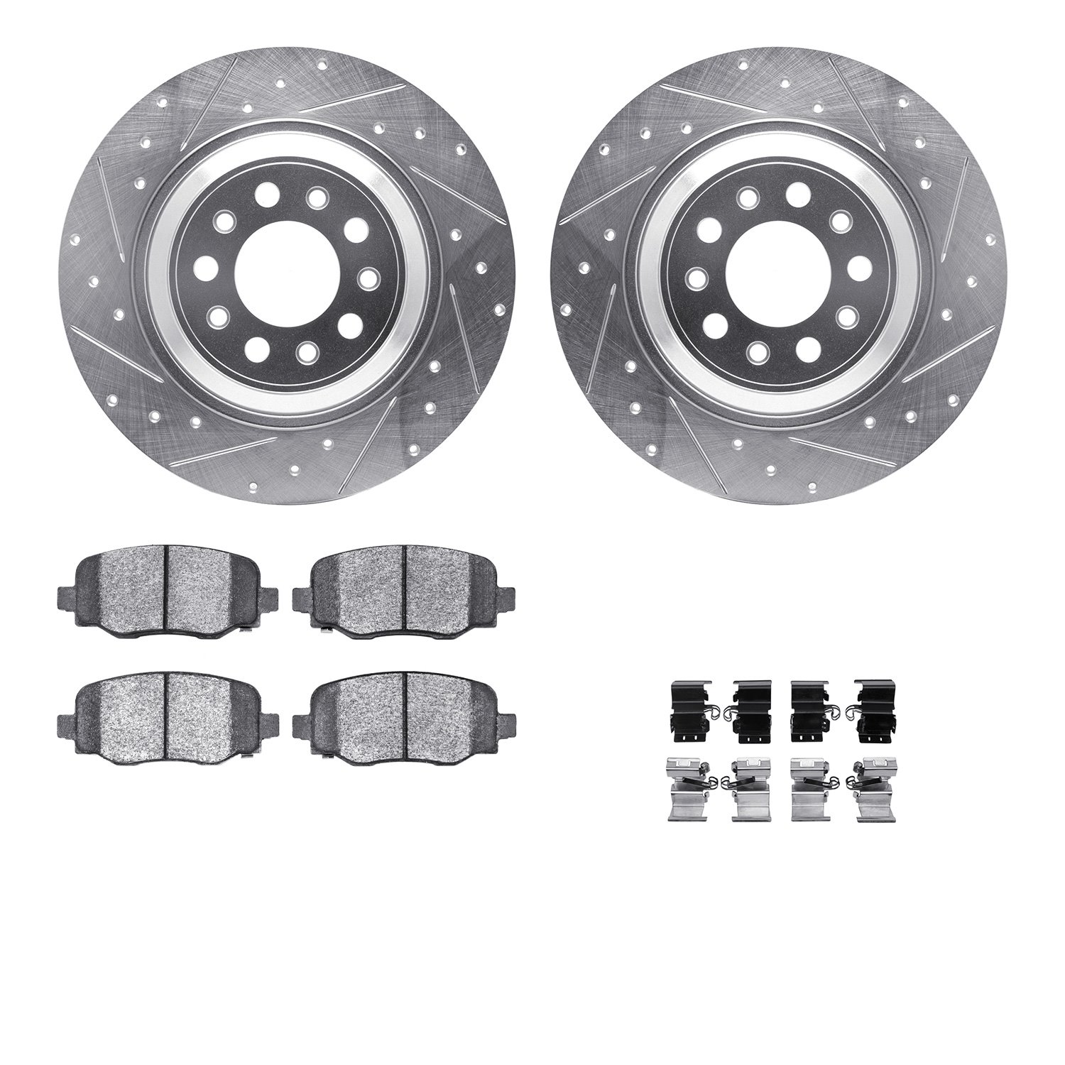 7412-42012 Drilled/Slotted Brake Rotors with Ultimate-Duty Brake Pads Kit & Hardware [Silver], Fits Select Mopar, Position: Rear