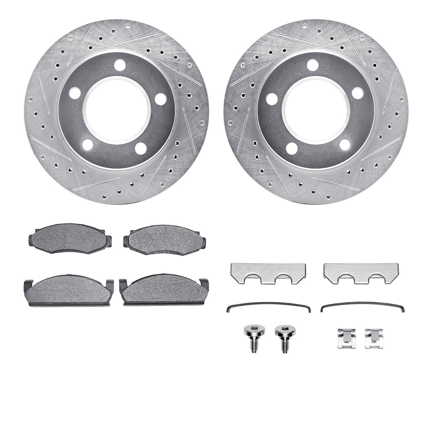 7412-42021 Drilled/Slotted Brake Rotors with Ultimate-Duty Brake Pads Kit & Hardware [Silver], 1978-1979 Mopar, Position: Front