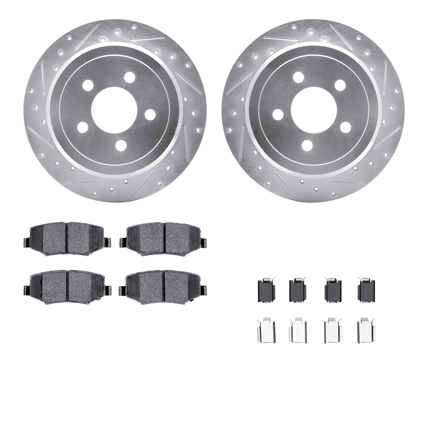 7412-42026 Drilled/Slotted Brake Rotors with Ultimate-Duty Brake Pads Kit & Hardware [Silver], 2007-2012 Mopar, Position: Rear