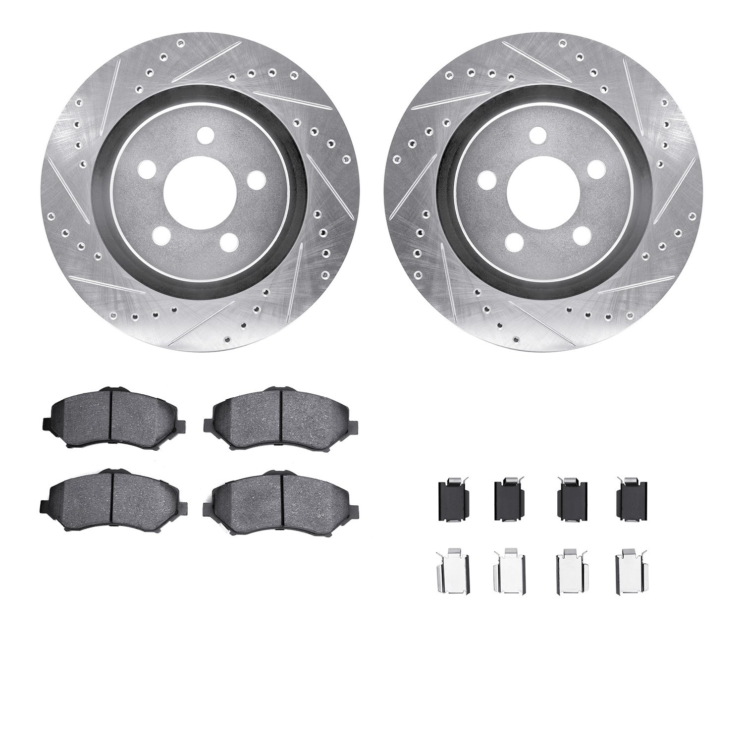 7412-42028 Drilled/Slotted Brake Rotors with Ultimate-Duty Brake Pads Kit & Hardware [Silver], 2011-2012 Mopar, Position: Front
