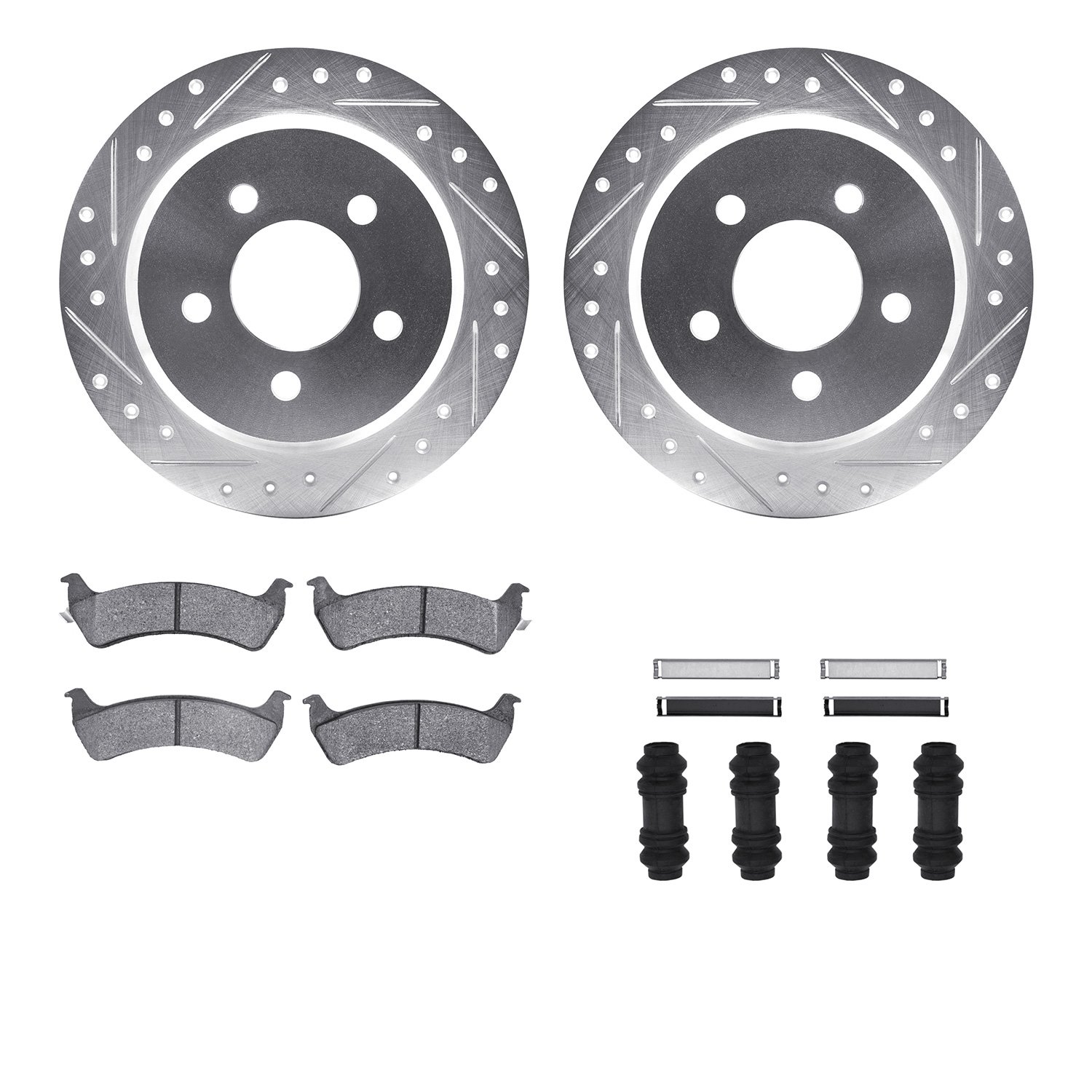 7412-42030 Drilled/Slotted Brake Rotors with Ultimate-Duty Brake Pads Kit & Hardware [Silver], 1993-1994 Mopar, Position: Rear
