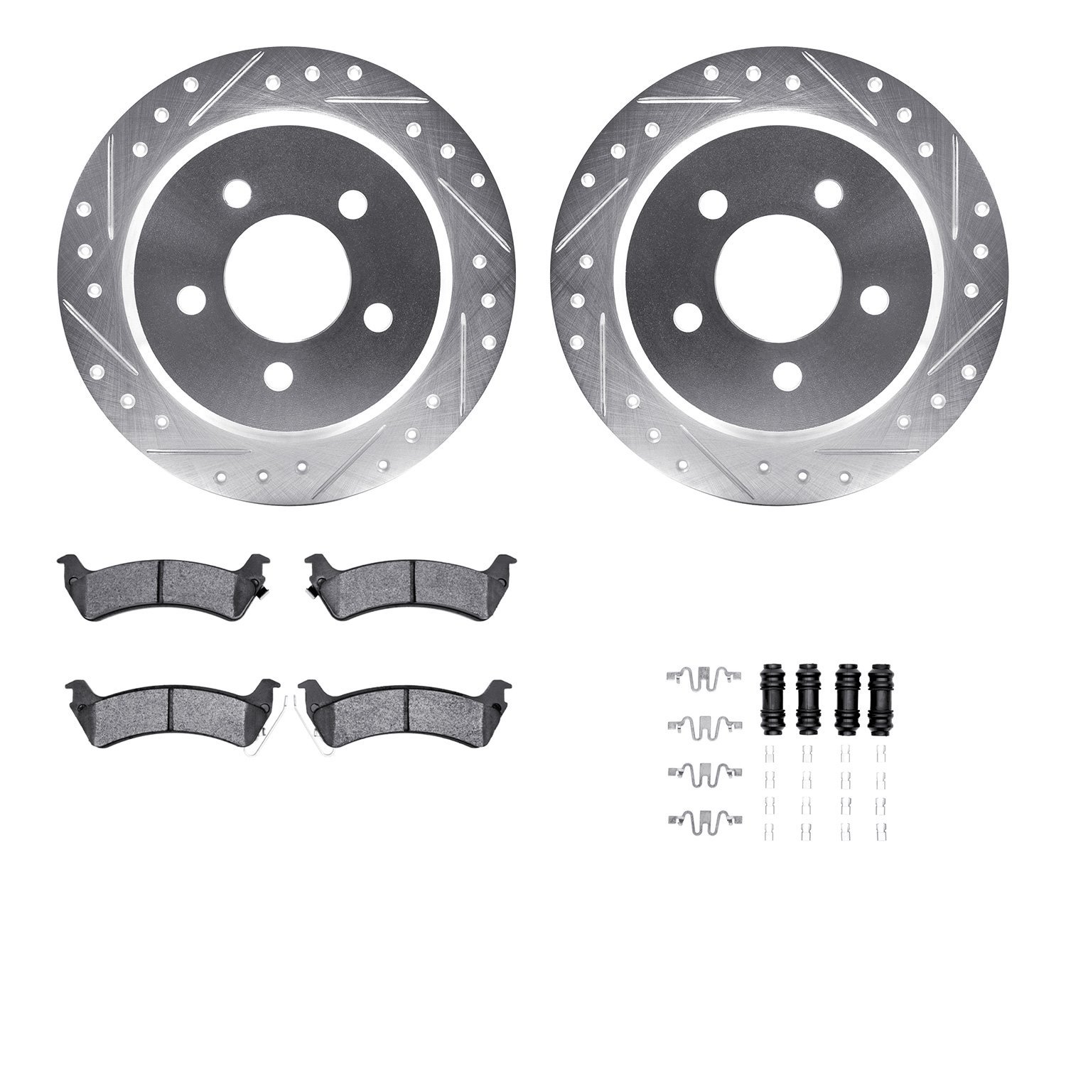 7412-42031 Drilled/Slotted Brake Rotors with Ultimate-Duty Brake Pads Kit & Hardware [Silver], 1993-1998 Mopar, Position: Rear