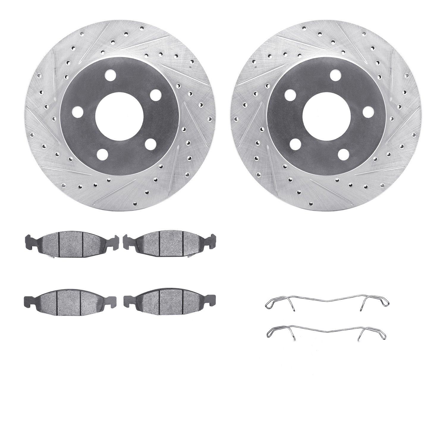 7412-42032 Drilled/Slotted Brake Rotors with Ultimate-Duty Brake Pads Kit & Hardware [Silver], 1999-2002 Mopar, Position: Front
