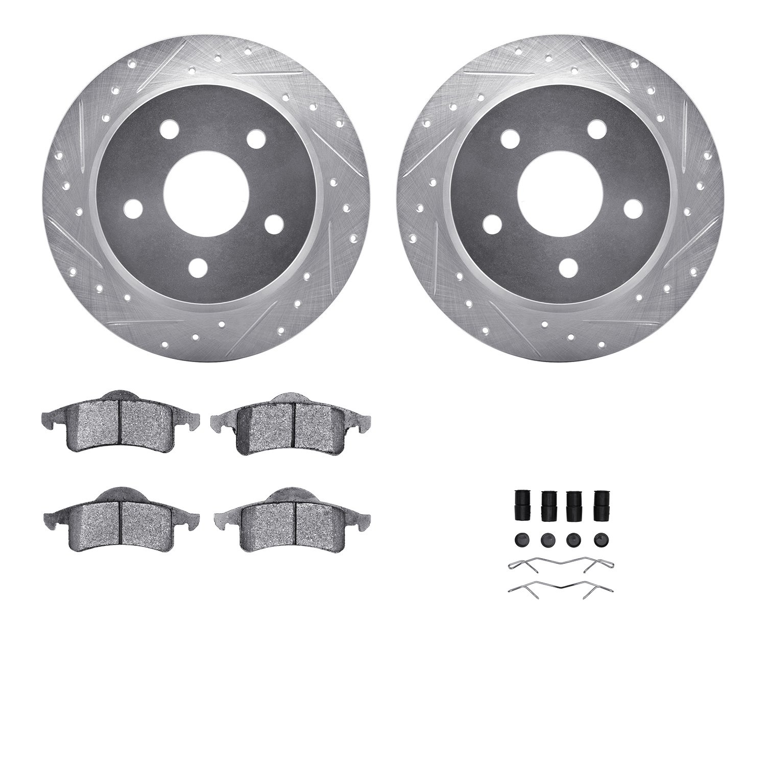 7412-42034 Drilled/Slotted Brake Rotors with Ultimate-Duty Brake Pads Kit & Hardware [Silver], 1999-2004 Mopar, Position: Rear