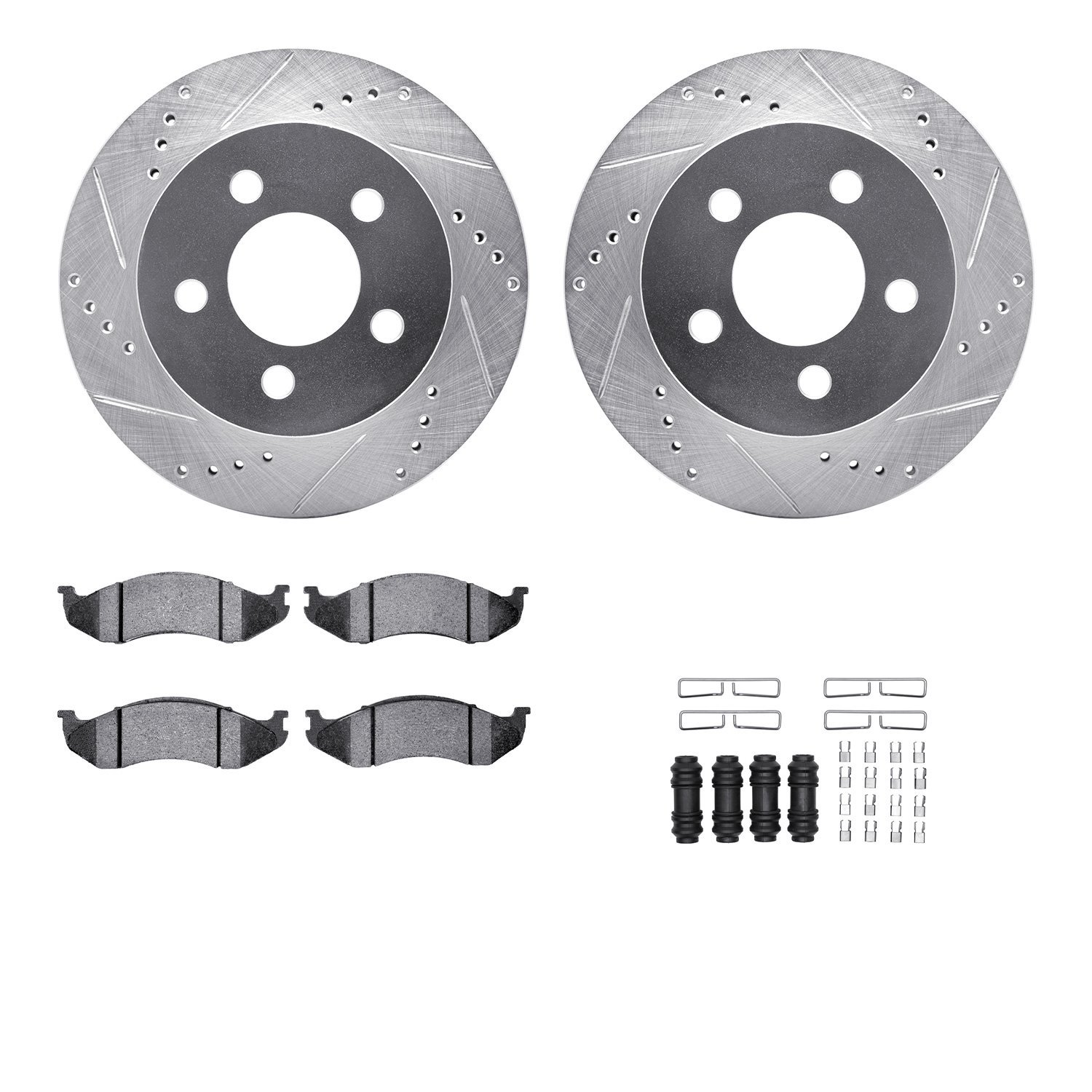 7412-42035 Drilled/Slotted Brake Rotors with Ultimate-Duty Brake Pads Kit & Hardware [Silver], 1999-2006 Mopar, Position: Front