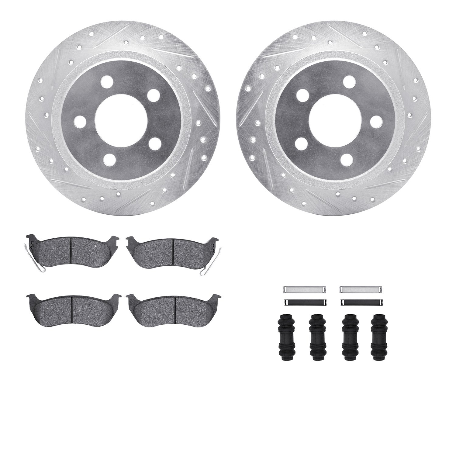 7412-42036 Drilled/Slotted Brake Rotors with Ultimate-Duty Brake Pads Kit & Hardware [Silver], 2003-2007 Mopar, Position: Rear