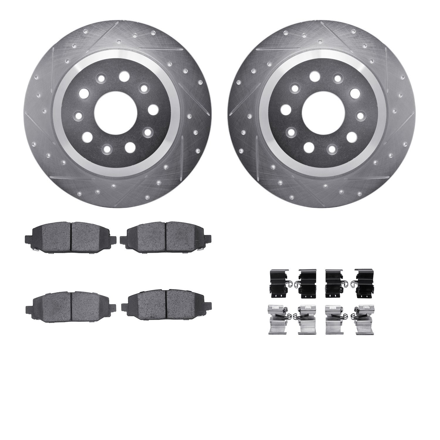 7412-42047 Drilled/Slotted Brake Rotors with Ultimate-Duty Brake Pads Kit & Hardware [Silver], Fits Select Mopar, Position: Rear