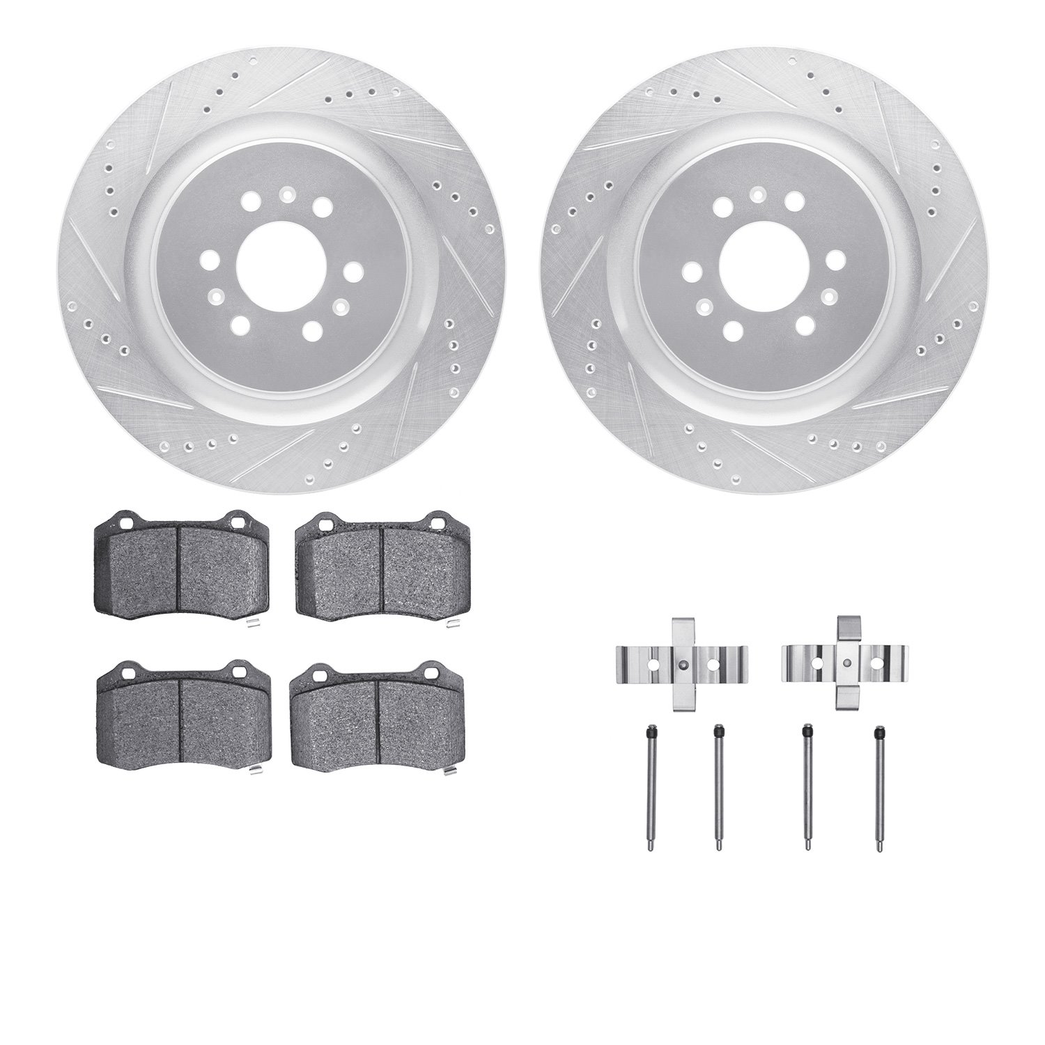 7412-46007 Drilled/Slotted Brake Rotors with Ultimate-Duty Brake Pads Kit & Hardware [Silver], 2004-2011 GM, Position: Rear