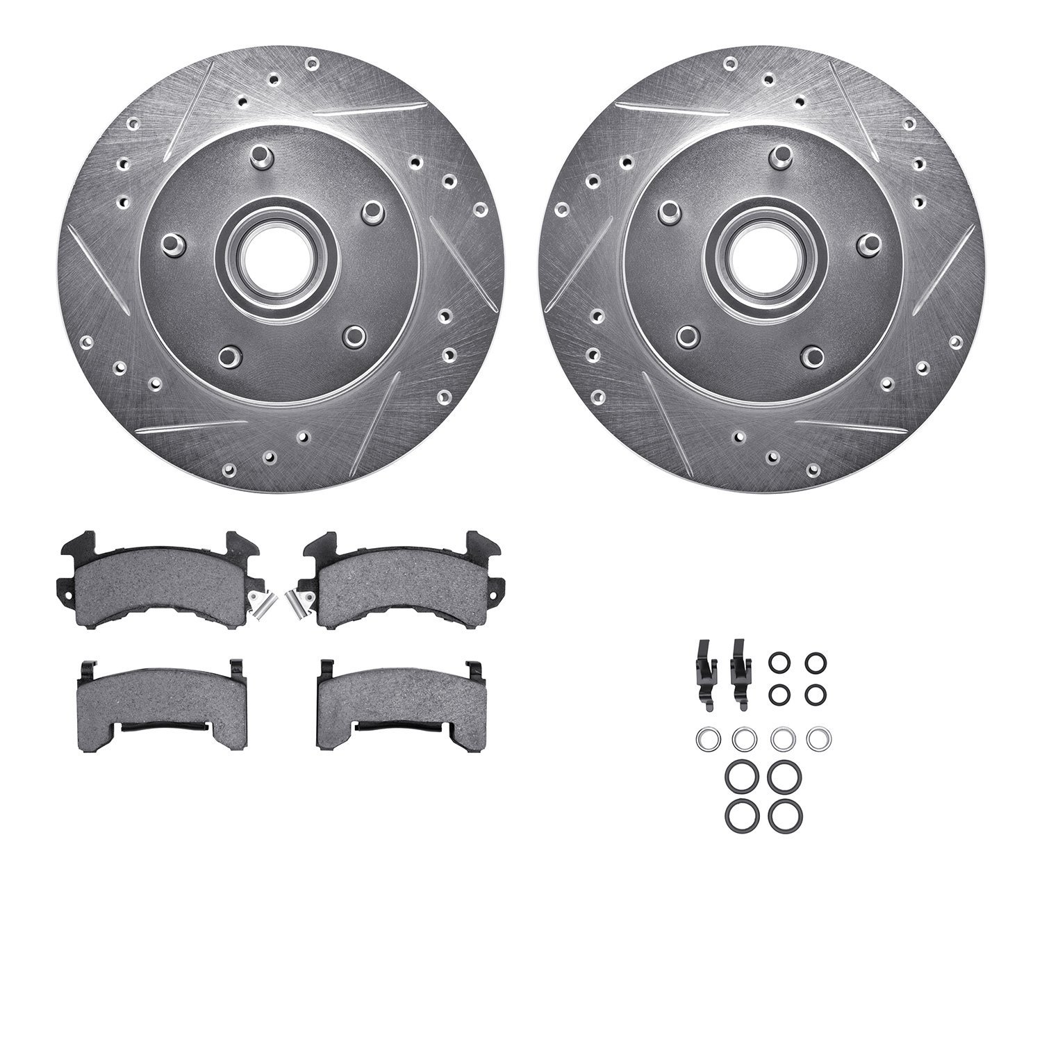 7412-47004 Drilled/Slotted Brake Rotors with Ultimate-Duty Brake Pads Kit & Hardware [Silver], 1978-1978 GM, Position: Front